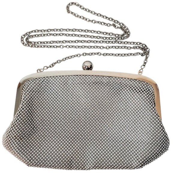 La Regale Silver Beaded Mesh Crossbody Bag with Metal Chain and Ball Clasp - Picture 1 of 6
